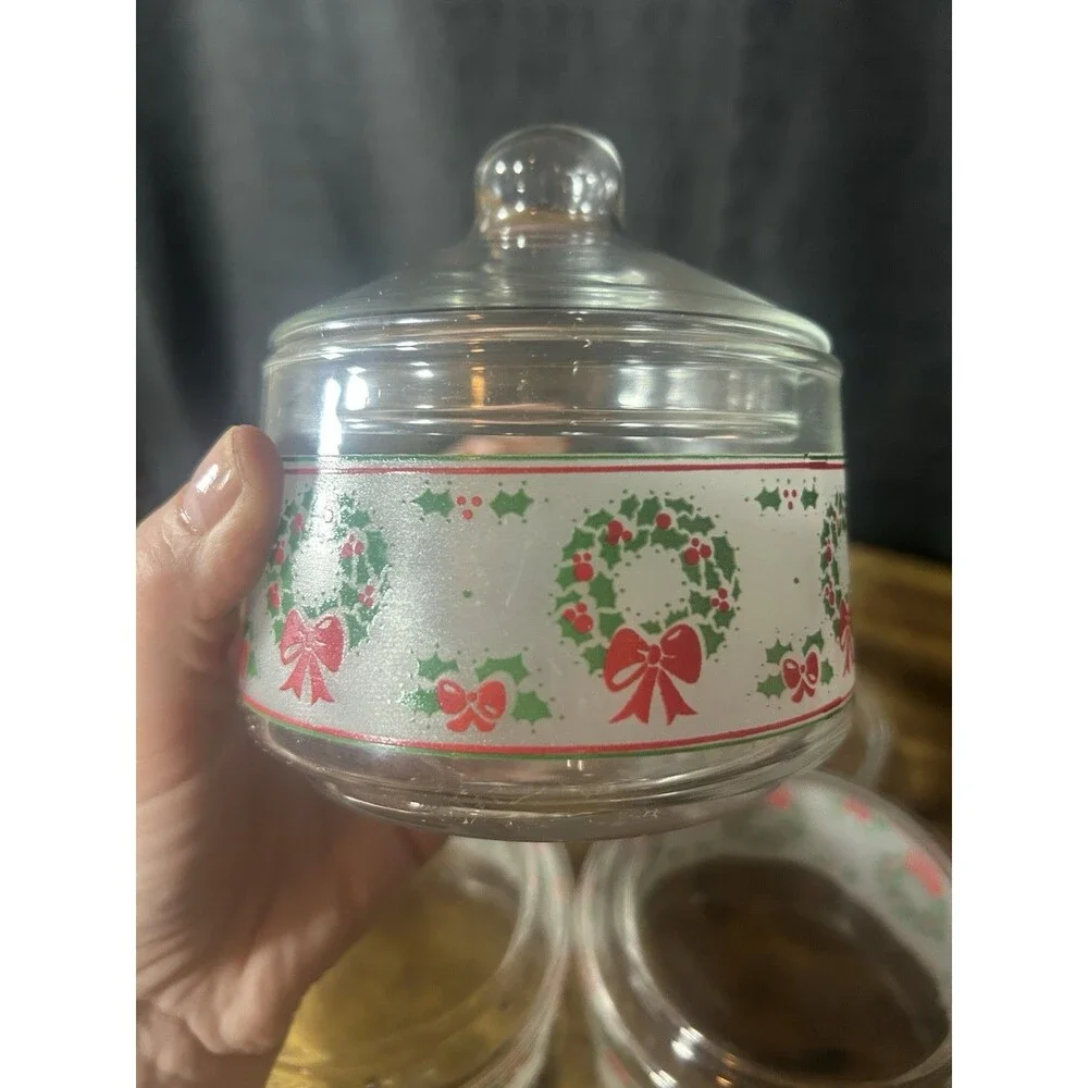 3 Indiana Glass Christmas Gift Jar Candy Nut Clear Glass Lid Wreath Holly Berry